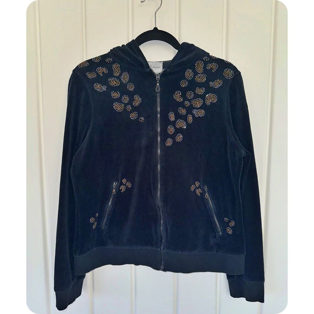 Peck & Peck Women's Relaxed Embellished Black Velour Hooded Jacket